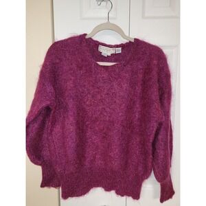 Maurada Vintage MohairBlend Plush Fushia Puff Sleeve Sweater Sz L‎ Skiing
